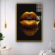 Sleek and Stylish Golden Lips Canvas Wall Painting For Discount