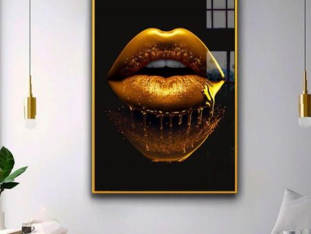 Sleek and Stylish Golden Lips Canvas Wall Painting For Discount