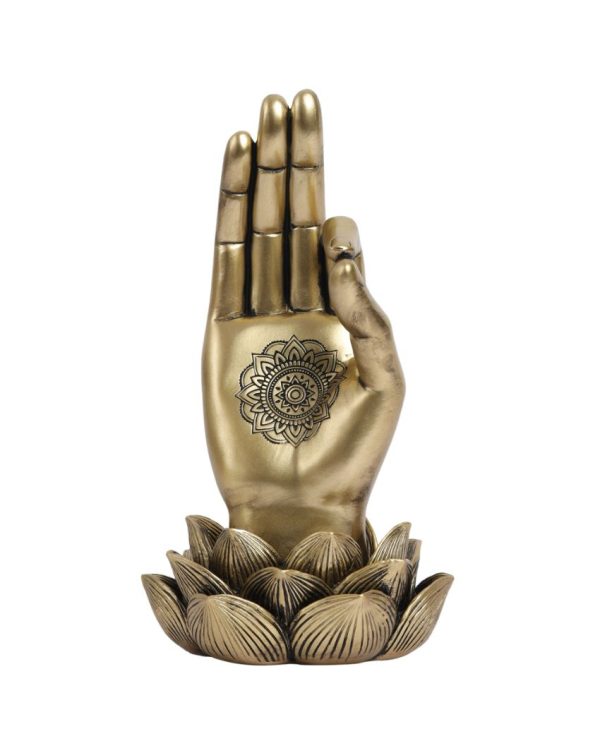 Golden Resin Buddha Lotus Palm Showpiece | 4 x 4 x 8 inches Online