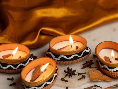 Unique Brown & White Boat Handpainted Terracotta Candles | Set of 4 | 2 inches Online Sale