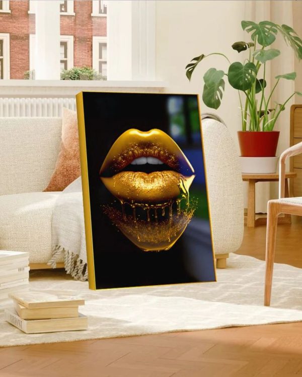 Sleek and Stylish Golden Lips Canvas Wall Painting For Discount