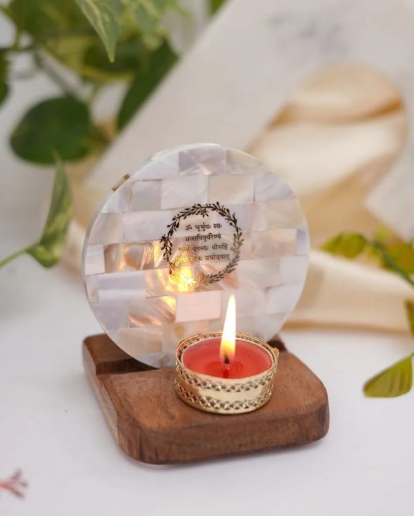 Gayatri Mantra Tea Light Holder Pearl with Wood on Sale