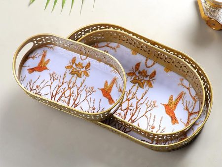 Oval Shaped Golden Shade Tree and Bird Meena Trays | Set of 3 on Sale