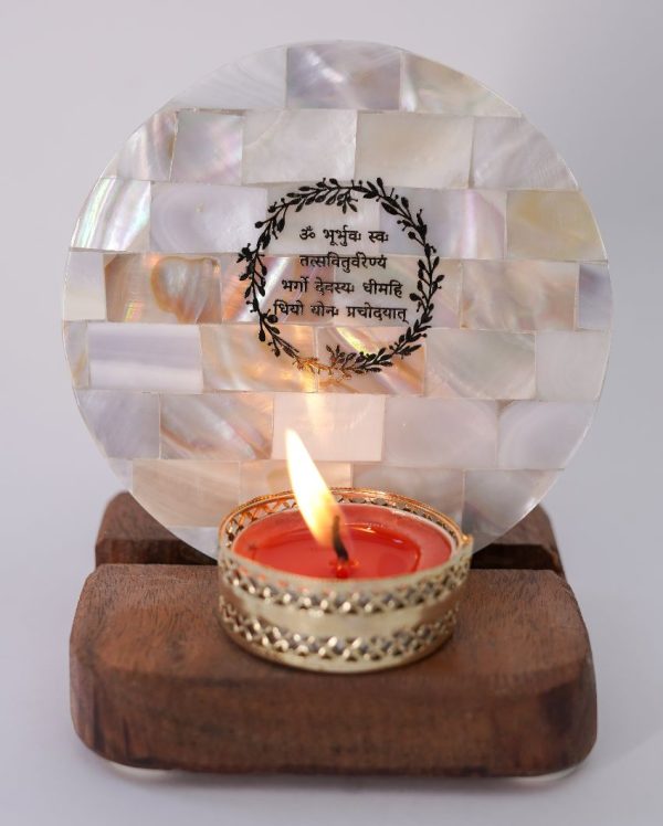 Gayatri Mantra Tea Light Holder Pearl with Wood on Sale