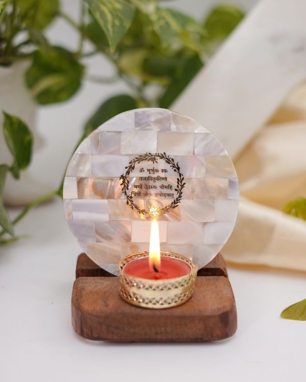 Gayatri Mantra Tea Light Holder Pearl with Wood on Sale