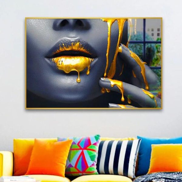 Women Lips Gold Drip Canvas Wall Painting Fashion