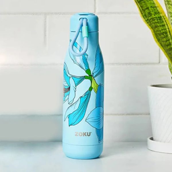 Zoku Stainless Steel Vaccum Insulated Blue Sky Lily Floral Water Bottle | 3 x 3 x 11 inches Cheap