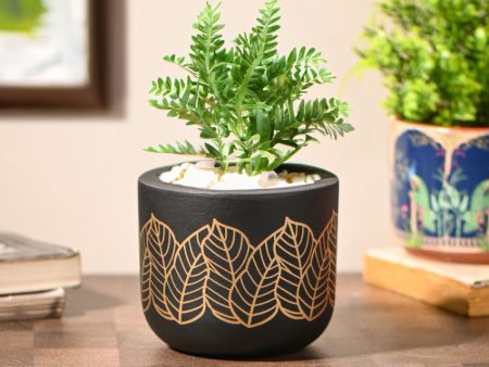 Black Golden Leaves Handcrafted Terracotta Planter | 4 x 4 inches | Plant Not Included on Sale