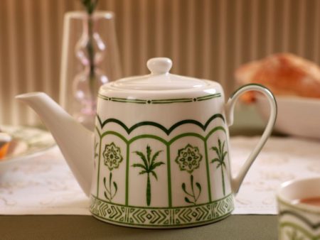 Green Lush Palm Motifs Design Porcelain Tea Pot | 9 x 4 x 6 inches | 900ml on Sale