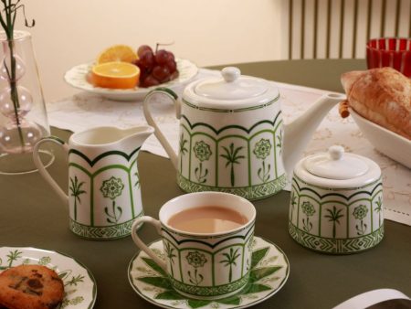 Green Lush Palm Motifs Design Porcelain Tea Set | Pack Of 5 Fashion