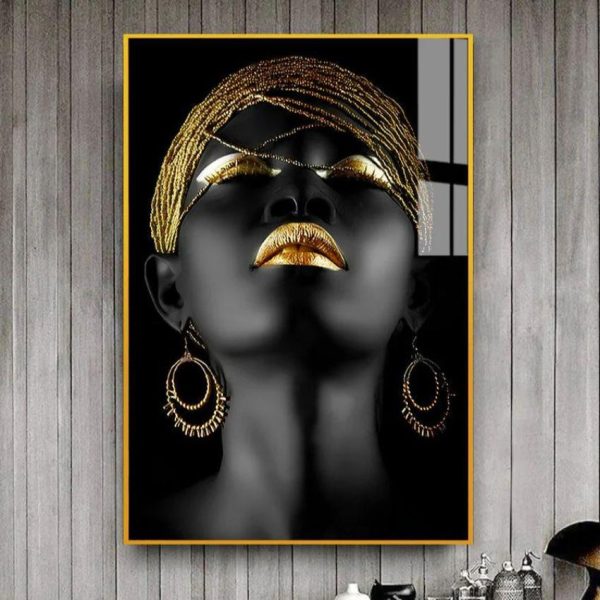 Black & Gold African Woman Canvas Wall Painting For Discount