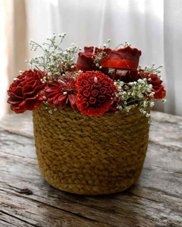 Rustic Red Scented Candles Jute Basket Bouquet | Set of 12 | 9 x 10 inches For Discount