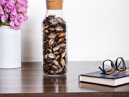 Luxury Snakehead Brown Cowry Shell Filled Glass Bottle Table Decor | 4 x 11 inches For Sale