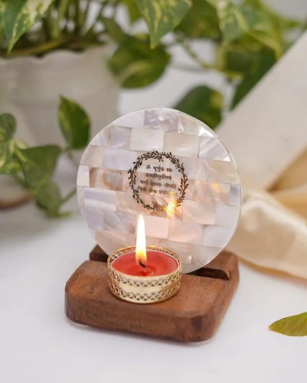 Gayatri Mantra Tea Light Holder Pearl with Wood on Sale