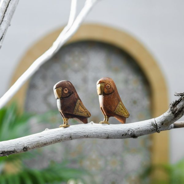 Wooden Owl-Themed Luminous Showpiece | Set of 2 | 3 x 2 x 4 inches For Cheap