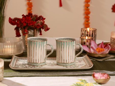 Unique Aqua Leafed Bone China 2 Mugs & 1 Platter Gift Set on Sale