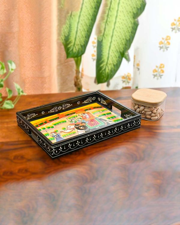 Elegant Black Antique Handpainted Trays | Set Of 3 | 14 x 11 inches For Cheap