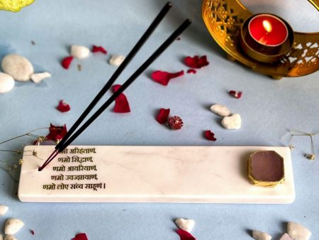 Rose Quartz Marble Namokar Mantra Incense Stick Holder with Ash Catcher Hot on Sale