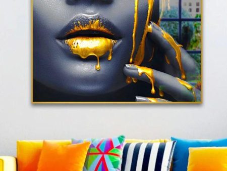 Women Lips Gold Drip Canvas Wall Painting Fashion