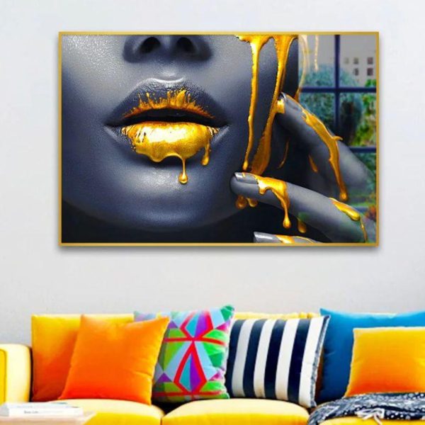 Women Lips Gold Drip Canvas Wall Painting Fashion