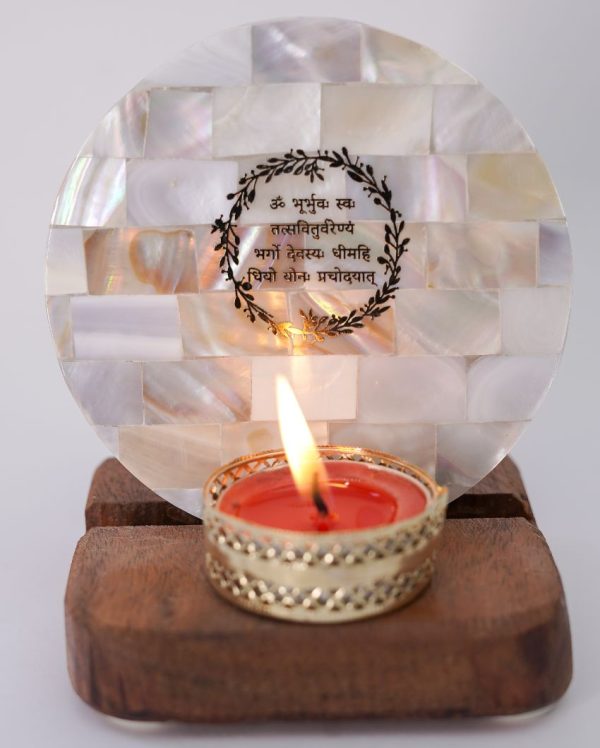 Gayatri Mantra Tea Light Holder Pearl with Wood on Sale