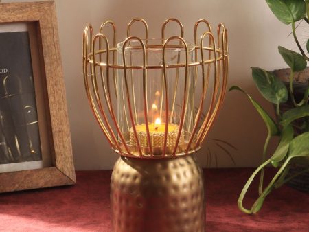 Hammered Finish Metal Glass Candle Stand | 8 x 5 inches Online Hot Sale