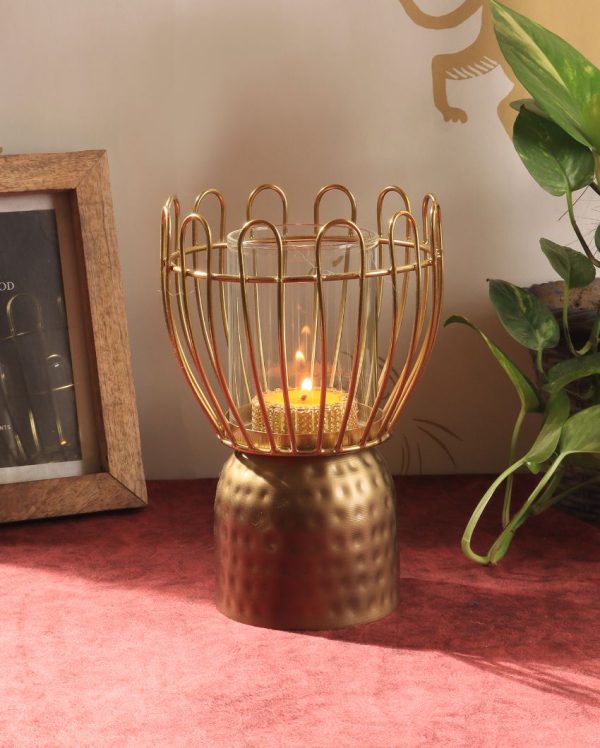 Hammered Finish Metal Glass Candle Stand | 8 x 5 inches Online Hot Sale