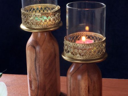 Posh Wood & Glass Candle Stand | Set of 2 Online