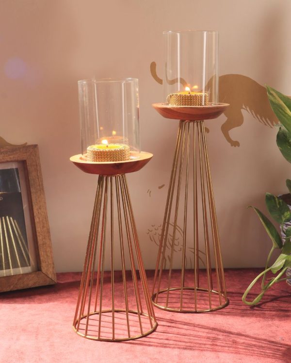 Durable Metal & Wood Candle Stand | Set Of 2 Sale