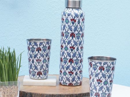 Blue Ornamental Iznik 1 Bottle with 2 Tumblers Gift Set on Sale